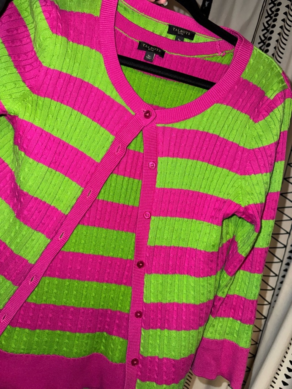 Vintage Talbots Hot Pink and Lime Green Striped Cardigan / Tank Set